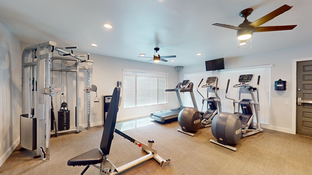 a home gym with exercise equipment and a ceiling fan