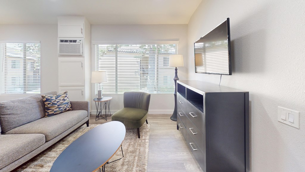 a living room with a couch and a table and a tv