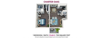 1 bedroom 1 bathroom floor plan at Charter Oaks Apartments, Thousand Oaks, CA