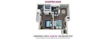 1 bedroom 1 bathroom floor plan A at Charter Oaks Apartments, Thousand Oaks, 91360
