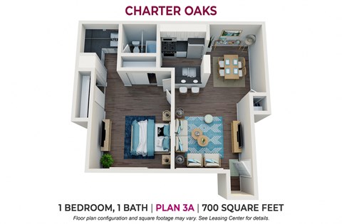 1 bedroom 1 bathroom floor plan A at Charter Oaks Apartments, Thousand Oaks, 91360