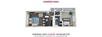 1 bedroom 1 bathroom floor plan B at Charter Oaks Apartments, Thousand Oaks, California