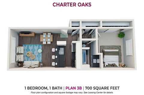1 bedroom 1 bathroom floor plan B at Charter Oaks Apartments, Thousand Oaks, California