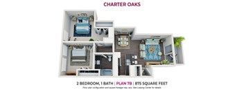 2 bedroom 1 bathroom floor plan at Charter Oaks Apartments, Thousand Oaks