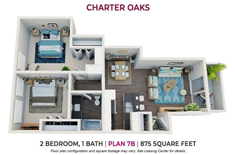 2 bedroom 1 bathroom floor plan at Charter Oaks Apartments, Thousand Oaks