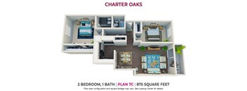 2 bedroom 1 bathroom floor plan a at Charter Oaks Apartments, California