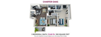 2 bedroom 2 bathroom floor plan at Charter Oaks Apartments, California, 91360
