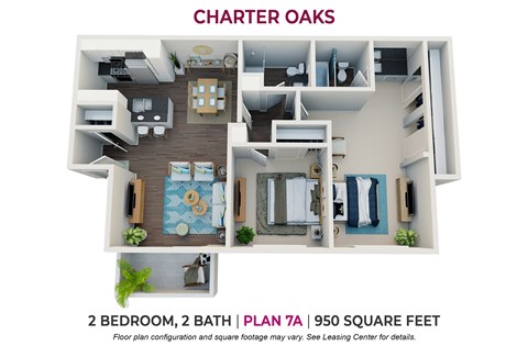 2 bedroom 2 bathroom floor plan at Charter Oaks Apartments, California, 91360