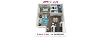 Studio 1 bathroom floor plan B at Charter Oaks Apartments, Thousand Oaks, CA