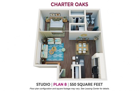 Studio 1 bathroom floor plan B at Charter Oaks Apartments, Thousand Oaks, CA