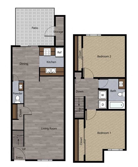 Two Bedroom Townhome Plan E Floorplan at St. Charles Oaks Apartments, Thousand Oaks, California