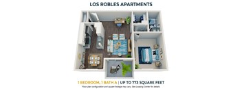 1 bedroom 1 bathroom floor plan at Los Robles Apartments, California