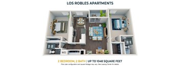 2 bedroom 2 bathroom floor plan at Los Robles Apartments, California, 91101