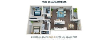 2bedroom 2 bathroom floor plan at Parc at 5 Apartments, Downey, CA, 90240