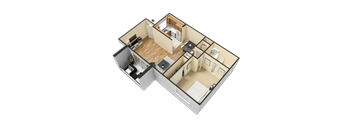 A 3D floor plan of a house with a living room, kitchen, and two bedrooms.