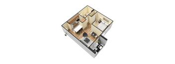 A 3D floor plan of a small apartment with two bedrooms and a living area.