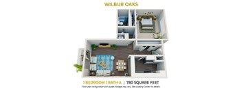 1 bedroom 1 bathroom floor plan at Wilbur Oaks Apartments, Thousand Oaks