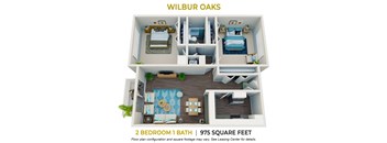 2 bedroom 1 bathroom floor plan at Wilbur Oaks Apartments, Thousand Oaks, California