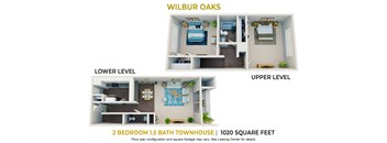 2 bedroom 1.5 bathroom floor plan at Wilbur Oaks Apartments, Thousand Oaks, 91360
