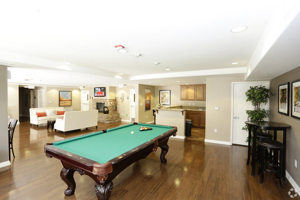 a large living room with a pool table in the middle