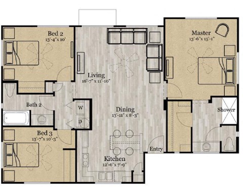 A floor plan of a house with three bedrooms, a living room, a dining room, a kitchen, and a master bedroom.