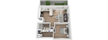 A 3D floor plan of a house with two bedrooms, a living room, a kitchen, and a bathroom.