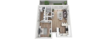 A floor plan of a small apartment with a living room, kitchen, and bathroom.