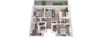 A 3D floor plan of a house with a living room, kitchen, and bedrooms.