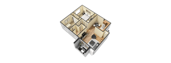 A 3D floor plan of a house with multiple rooms and a kitchen.