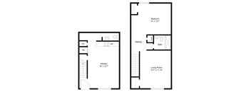 A floor plan of a small apartment with a kitchen, living room, and bedroom.