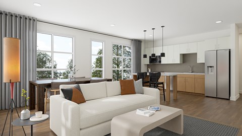 A modern living room with a white sofa and a grey floor lamp.