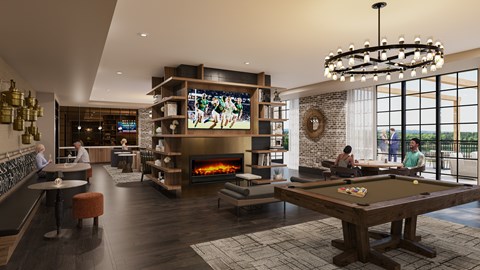 A large room with a pool table and a fireplace.