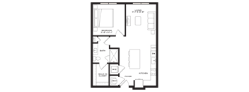 A floor plan of a small apartment with a bedroom, bathroom, kitchen, and living room.