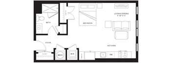 A floor plan of a small apartment with a bedroom, living room, kitchen, and bathroom.