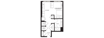A floor plan of a small apartment with a living room, kitchen, bathroom, and foyer.