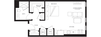 A black and white floor plan of a small apartment with a bedroom, living room, kitchen, bathroom, and foyer.