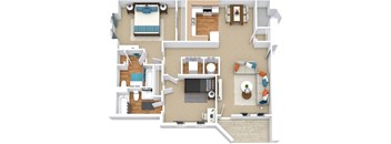 A top-down view of a house layout with a living room, kitchen, and bedrooms.