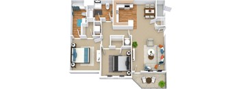 A top-down view of a living room, kitchen, and dining area.
