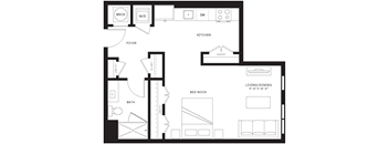 A black and white floor plan of a small apartment with a kitchen, living room, and bedroom.