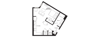 A floor plan of a house with a living room, bedroom, kitchen, and foyer.