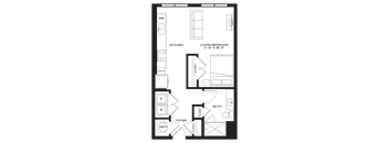 A floor plan of a small apartment with a kitchen, living room, bathroom, and foyer.