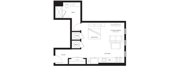 A floor plan of a small apartment with a bedroom, living room, kitchen, and bathroom.