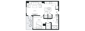 a floor plan of a residence with a bedroom and a living room