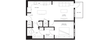 A black and white floor plan of a house with a living room, dining room, kitchen, and bedrooms.