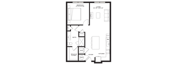 A floor plan of a small apartment with a bedroom, living room, kitchen, and bathroom.