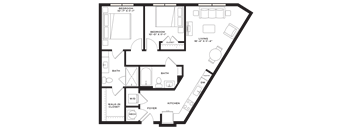 A floor plan of a house with two bedrooms, a living room, a kitchen, a bath, a walk-in closet, and a foyer.