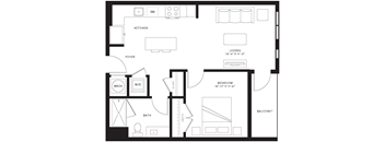 A black and white floor plan of a small apartment with a kitchen, living room, bedroom, and bathroom.