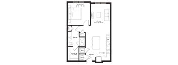 A floor plan of a small apartment with a bedroom, living room, kitchen, bathroom, and closet.