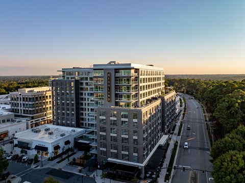 an aerial view of a large building in a city