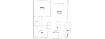 a floor plan of a studio apartment with a bedroom and a living room
